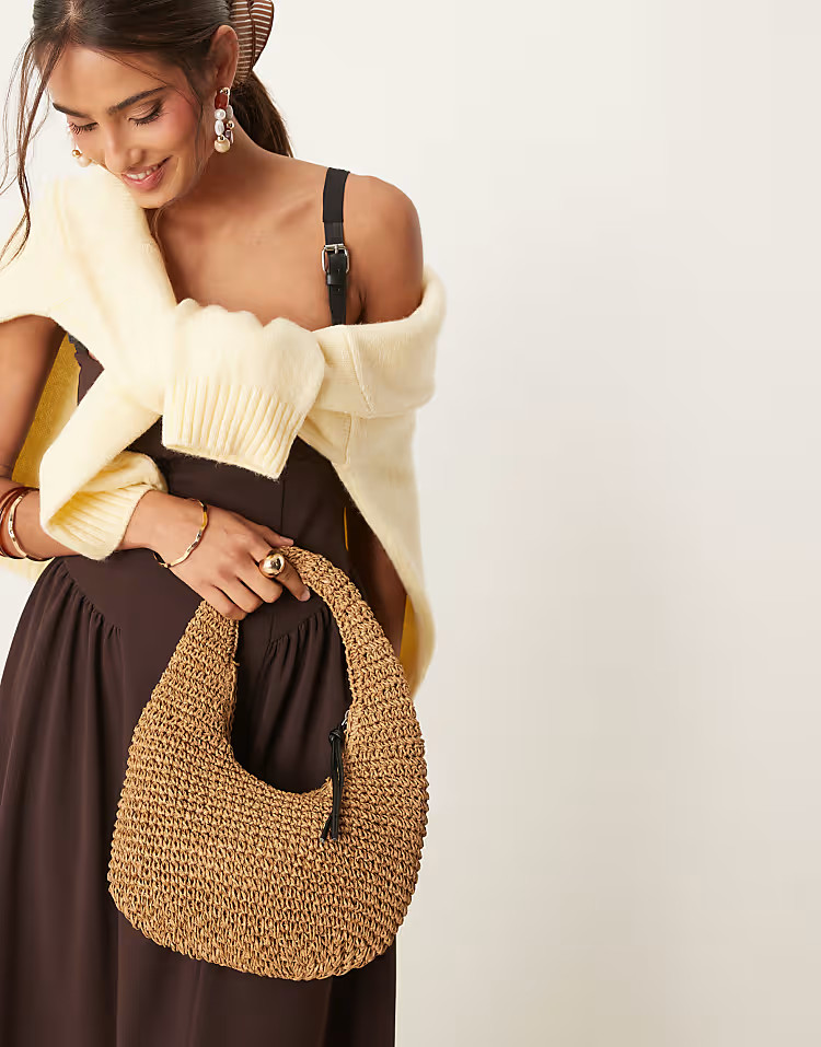 ASOS DESIGN hand crochet straw shoulder bag in brown | ASOS (Global)
