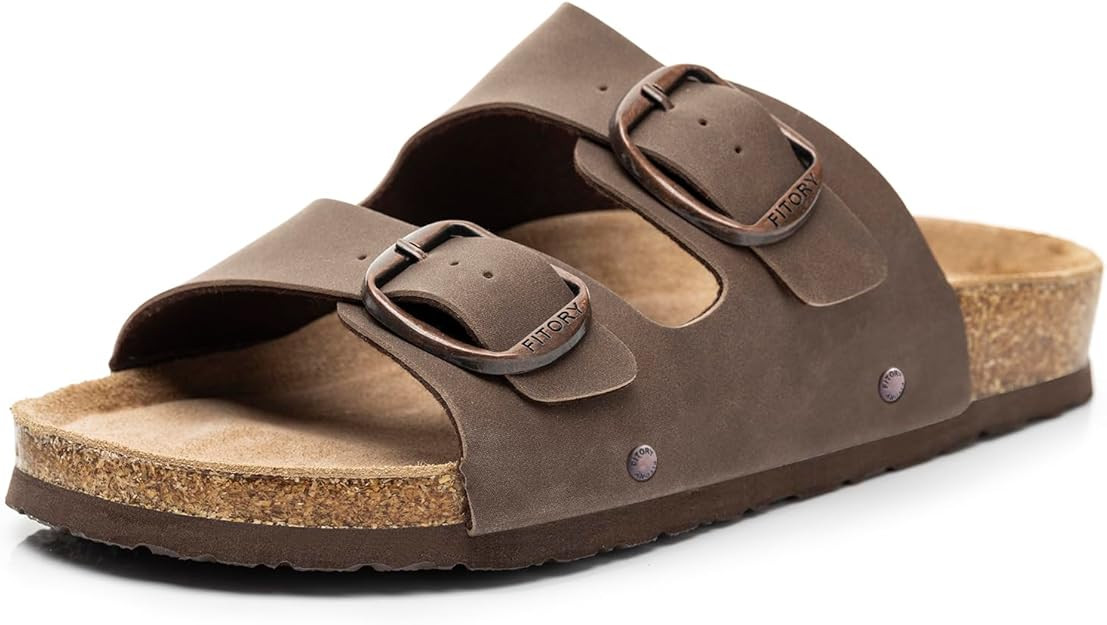 FITORY Womens Flat Sandals with Cork Footbed, Open Toe Slides Adjustable Slip On Slippers for Sum... | Amazon (US)