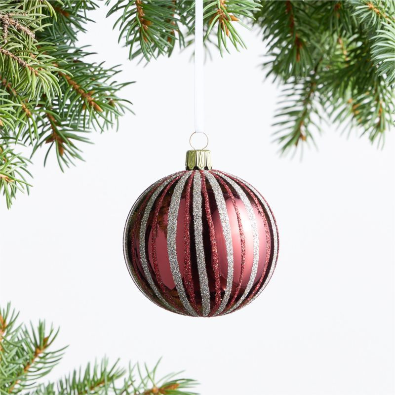 European Striped Red and Silver Glitter Ball Christmas Tree Ornament | Crate & Barrel