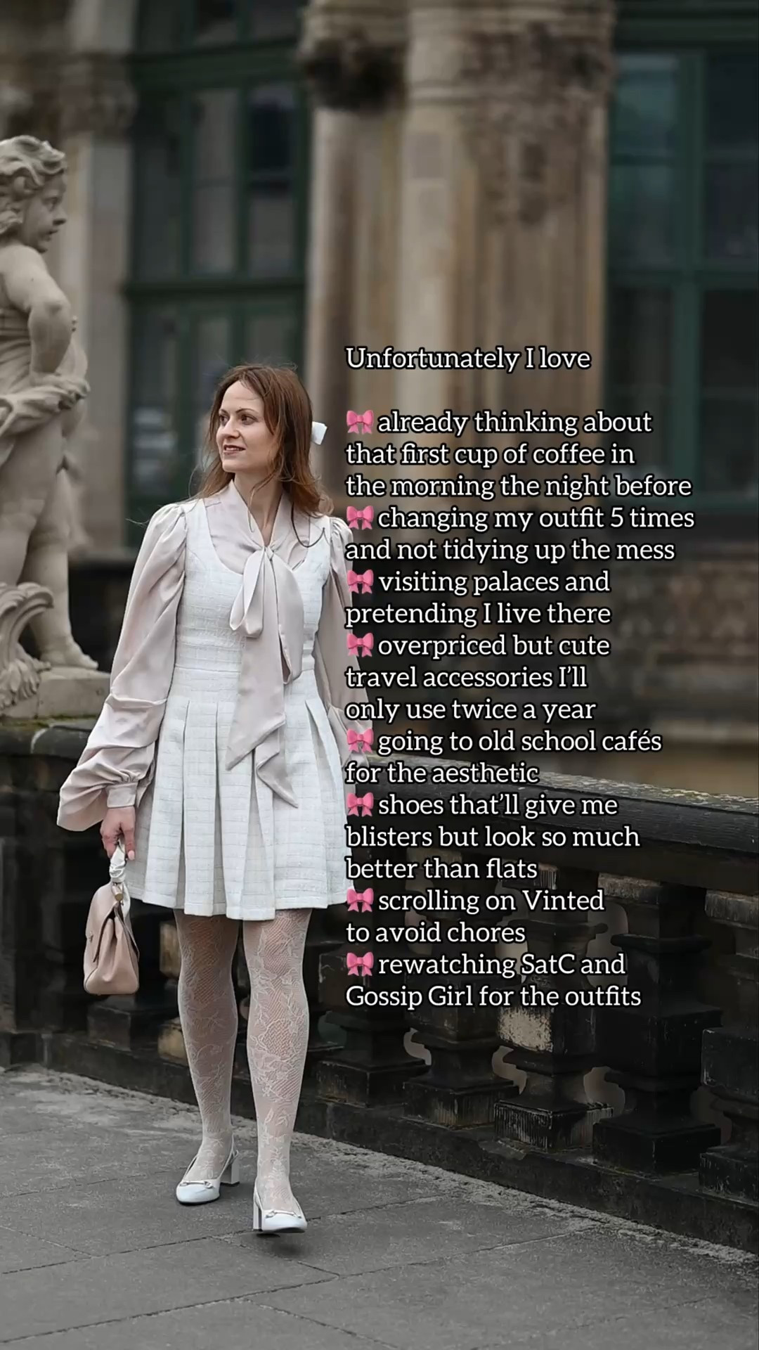 Unfortunately I love… 💗

Greige pussybow blouse with super voluminous sleeves – Audrey Leighton Paris
White sleeveless boucle mini dress with pleated skirt – Flossy by Freddy
White floral lace tights – Wolford
White slingback pumps with gold buckle detail – Dune London
Beige top handle Sicily handbag – Dolce & Gabbana
White satin hair bow – VeryShine on Etsy

If any of these aren’t current or available, I’ve linked alternatives. 🤍


#LTKautumn #LTKFashionMonth #LTKdatenight