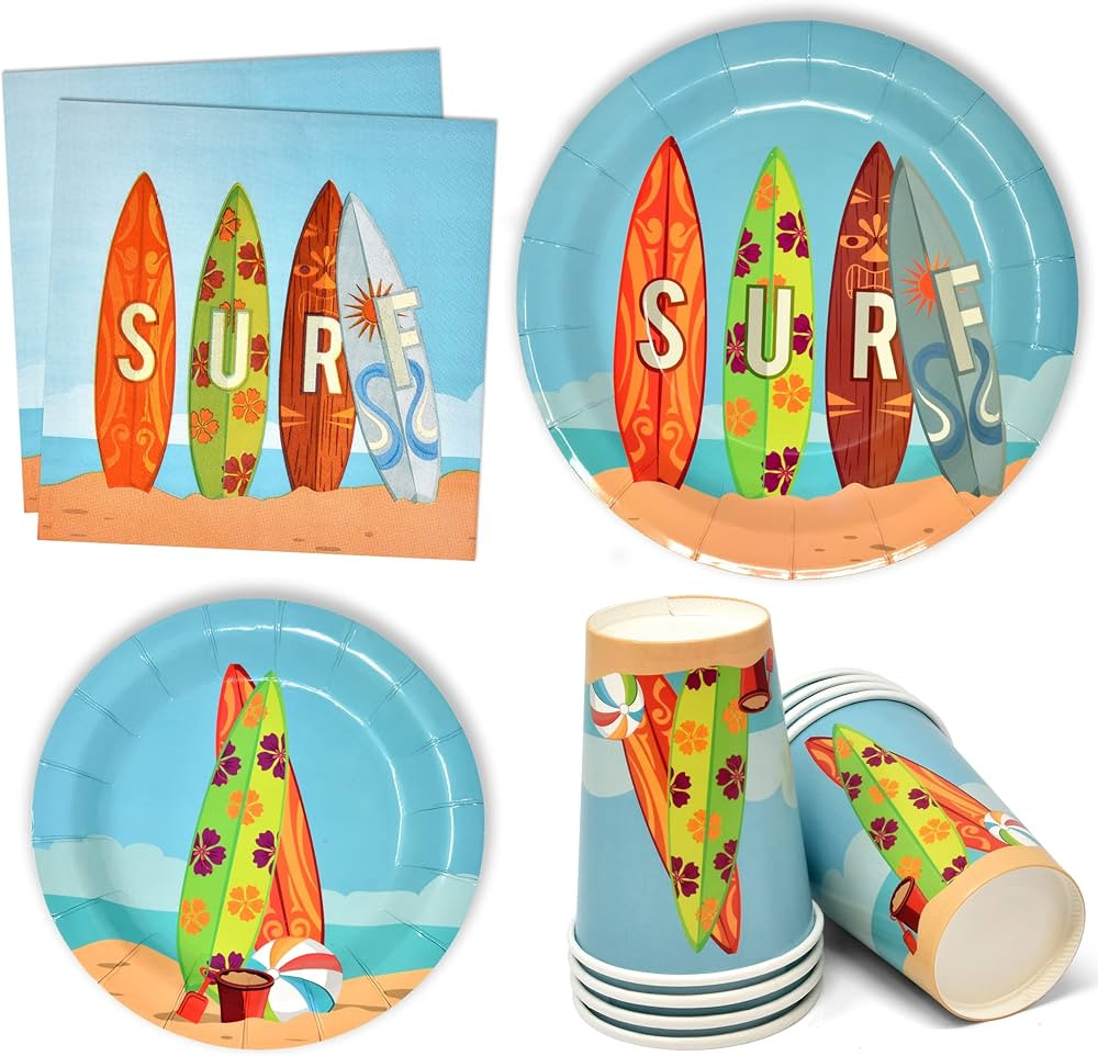 Beach Surfing Party Supplies Tableware Set 24 9" Dinner Plates 24 7" Plate 24 9 Oz Cup 24 Lunch N... | Amazon (US)
