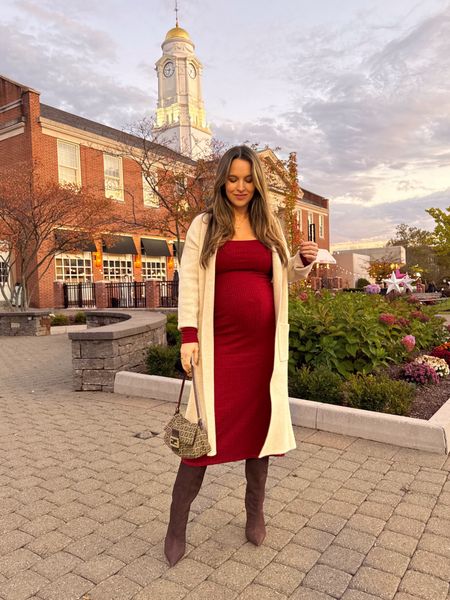 Bump friendly fall/holiday outfit. Dark red ribbed dress runs tru to size (wearing S), Mango coatigan runs true to size (wearing S). Linked similar red ribbed midi dresses  

#LTKbump #LTKHoliday #LTKSeasonal