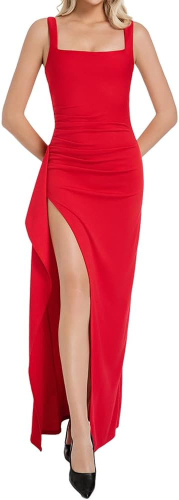Women's Square Neck Ruched Dress High Split Evening Bodycon Elegant Style Long Formal Bodycon Mer... | Amazon (US)