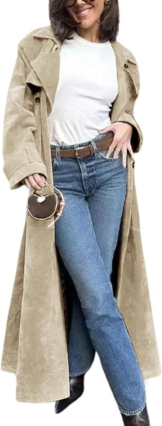utcoco Womens Faux Suede Long Trench Coat Notched Lapel Double Breasted Pea Coat Overcoat with Be... | Amazon (US)
