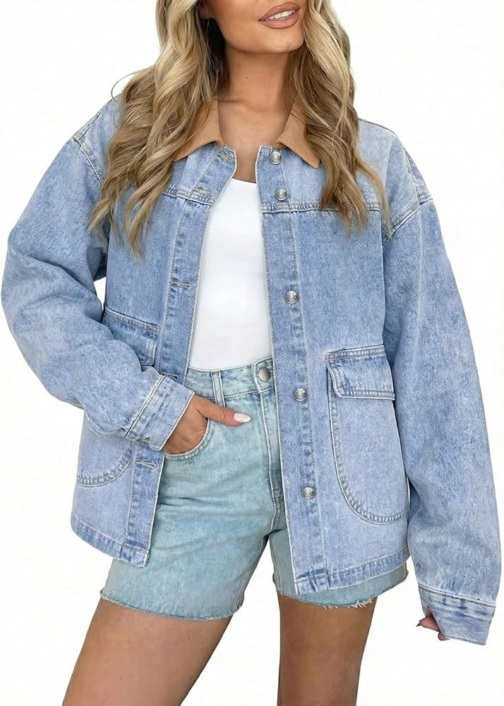 EVALESS Women's Oversized Jean Jacket Button Down Contrast Trim Barn Jackets Trendy Boyfriend Den... | Amazon (US)