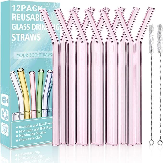 Reusable Bent Glass Drinking Straws,Set of 12 Bent Straws With 2 Cleaning Brushes,Shatter Resista... | Amazon (US)