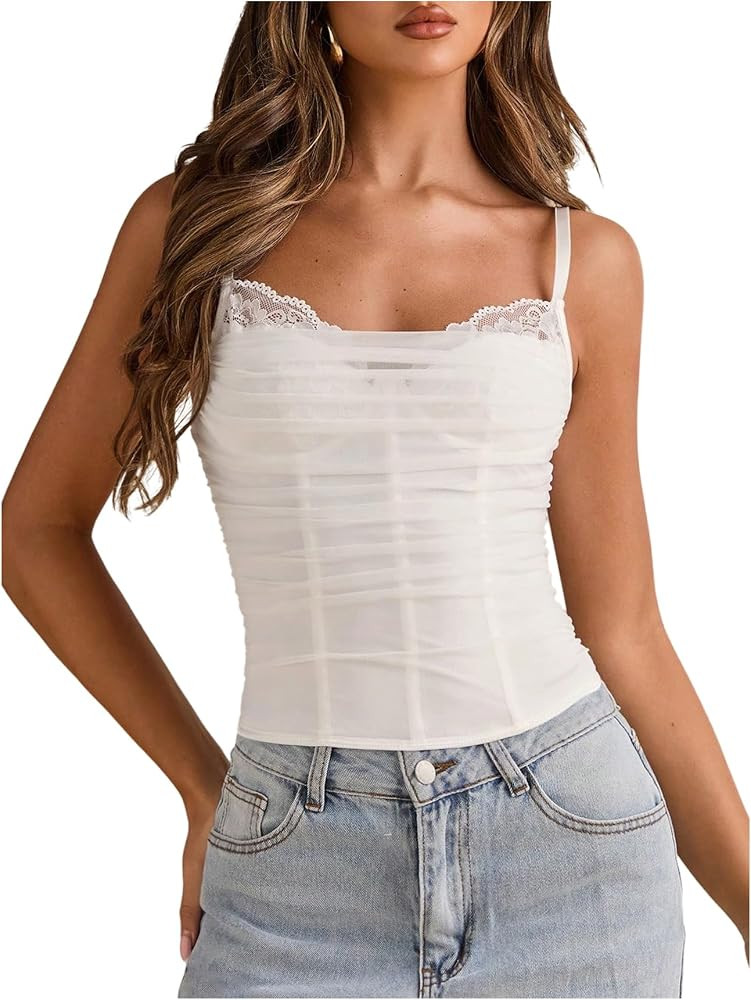 MakeMeChic Women's Lace Corset Top Spaghetti Strap Bustier Y2k Going Out Crop Top | Amazon (US)