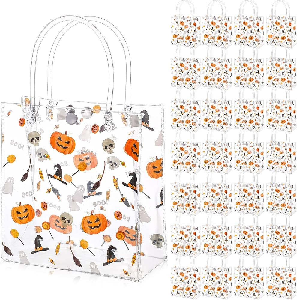 Silkfly 50 Pcs Halloween Clear Gift Bags with Handle Trick or Treat Bags Reusable PVC Halloween Tote Bag for Shopping Wedding Birthday Party Favor (5.9 x 2.8 x 6.3 Inch) | Amazon (US)