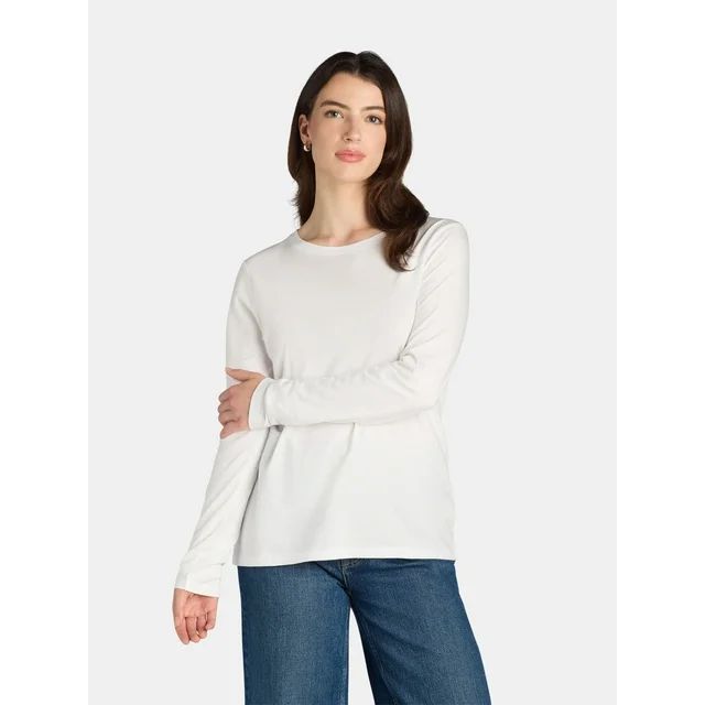 Time and Tru Women's Cotton Crewneck Tee with Long Sleeves, Size XS-XXXL | Walmart (US)