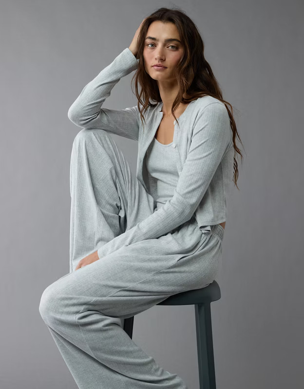 AE 3-Piece Pointelle Plush Cardigan Pajama Set | American Eagle Outfitters (US & CA)