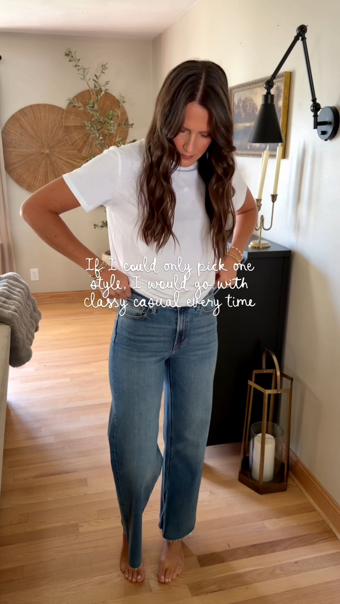 Classy casual style 

Tee - Small
Jeans - 27 regular 
Cardigan - size up, I’m in a medium