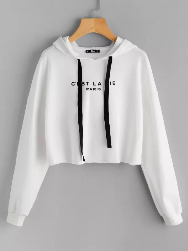 Drop Shoulder Raw Hem Crop Hoodie | SHEIN