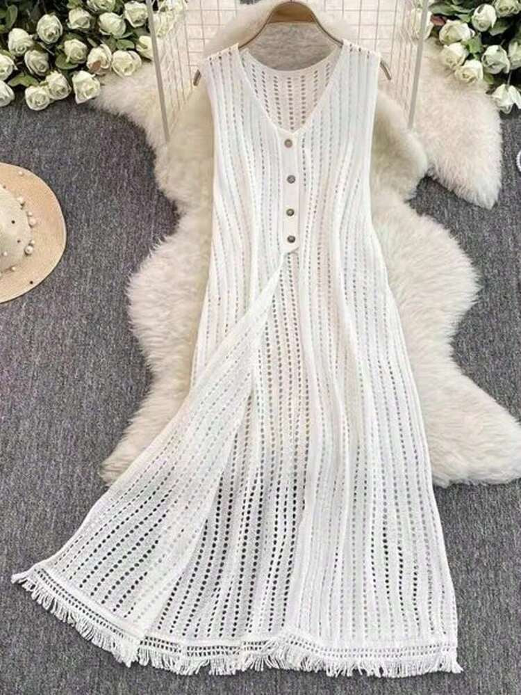 Women's Sleeveless Long Lace Tassels Cover Up Shrug, Hollow Open-Stitch Layering, Summer White | SHEIN