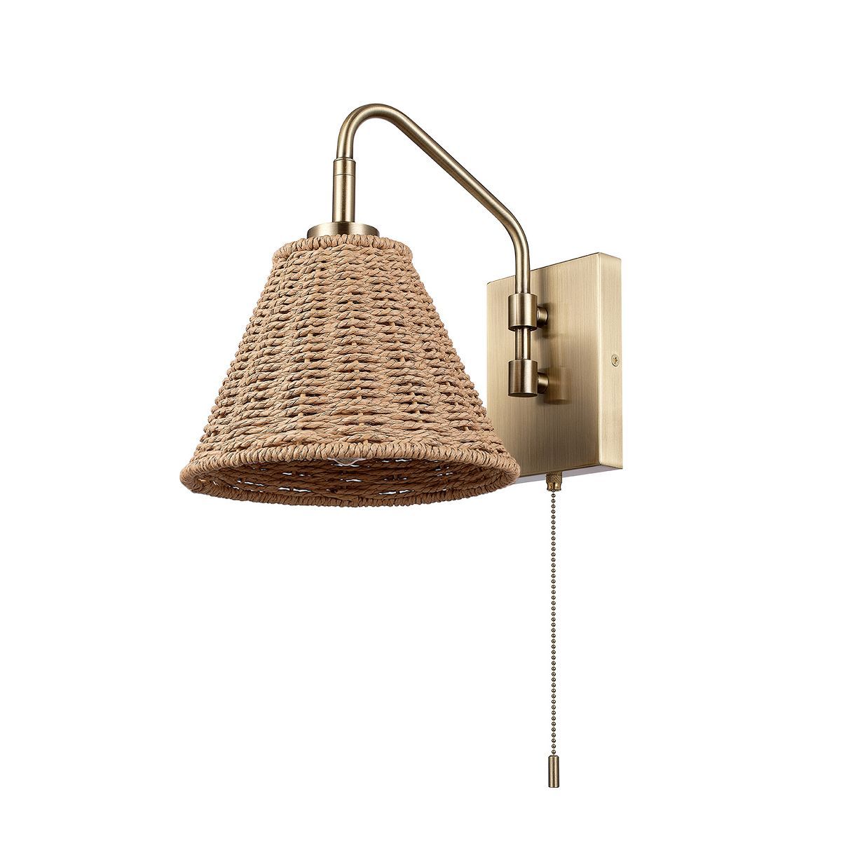 Globe Electric 1-Light Matte Brass Wall Sconce with Rattan Shade and On/Off Pull Chain Switch by ... | Target