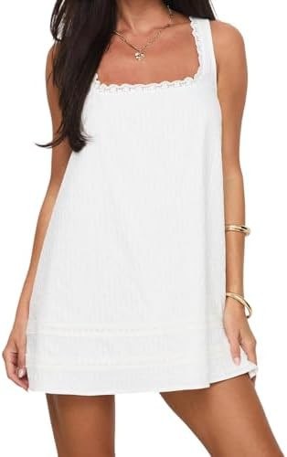 Casual Shift Dress for Women 2026 Fashion Lace Trim Square Neck Sleeveless Mini Dress Cute Spring... | Amazon (US)