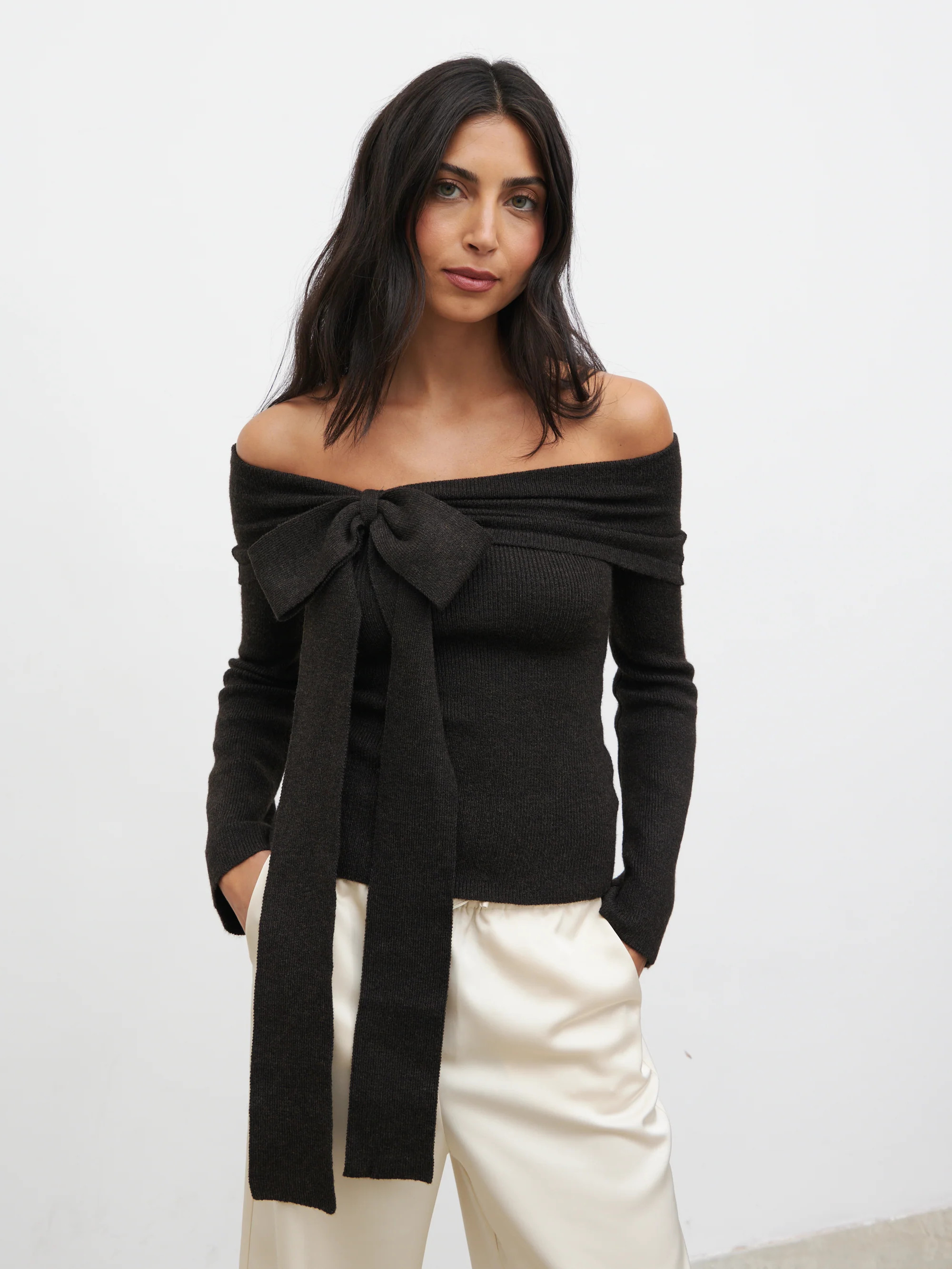 Tilda Bardot Bow Knit Top - Chocolate | Pretty Lavish (UK)