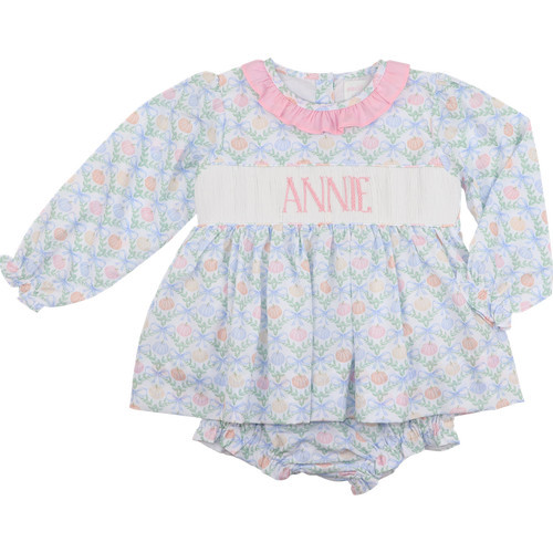 Pastel Pumpkin And Bow Custom Smocked Diaper Set | Cecil and Lou