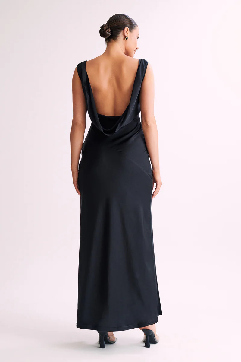 Nadia Maxi Satin Dress With Back Cowl - Black | MESHKI US