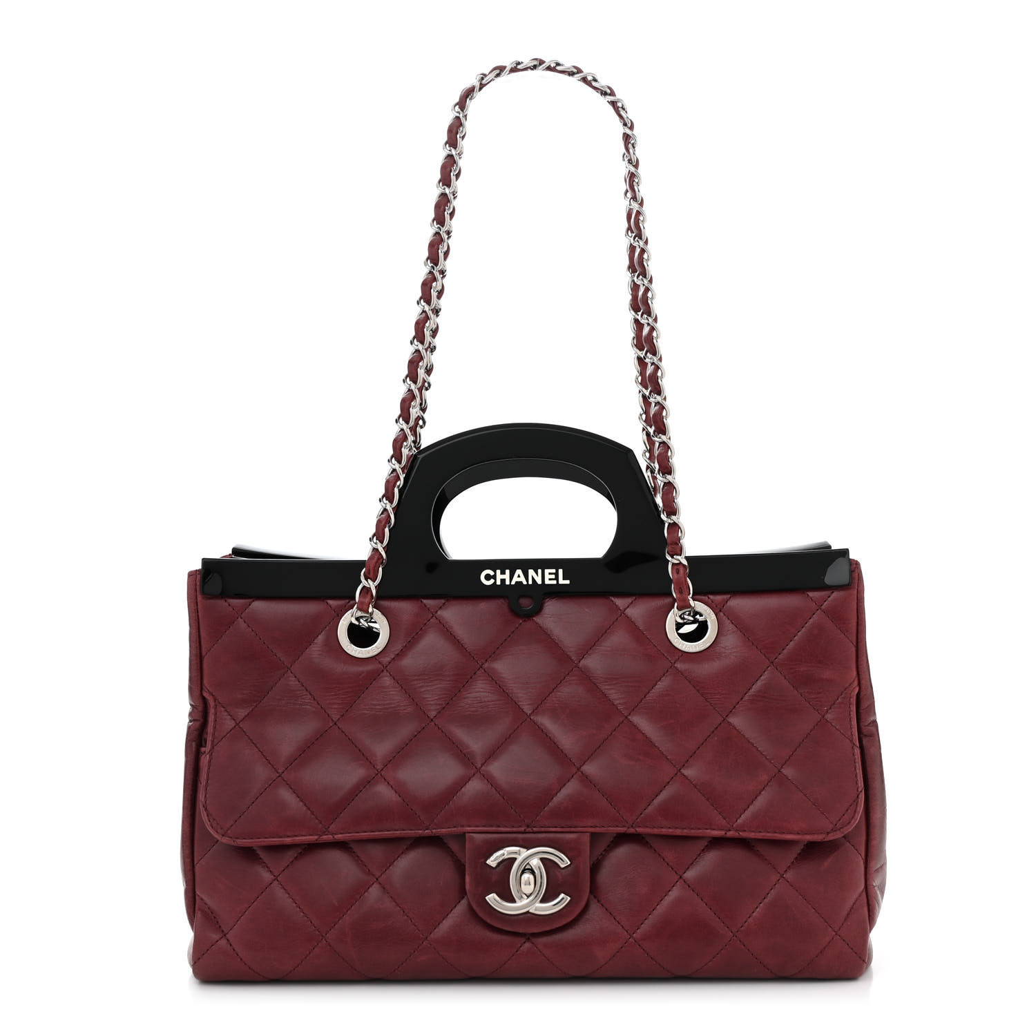 Glazed Calfskin Quilted Small CC Delivery Tote Burgundy | FASHIONPHILE (US)