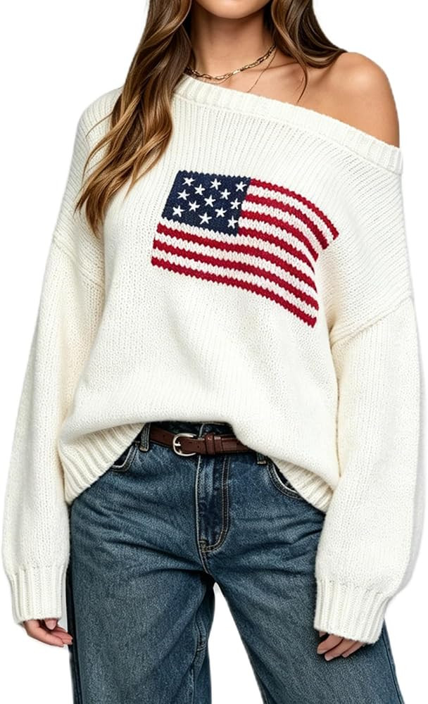 American Flag Sweater for Women Off the Shoulder Vintage Patriotic Striped Star USA Loose Knitted... | Amazon (US)