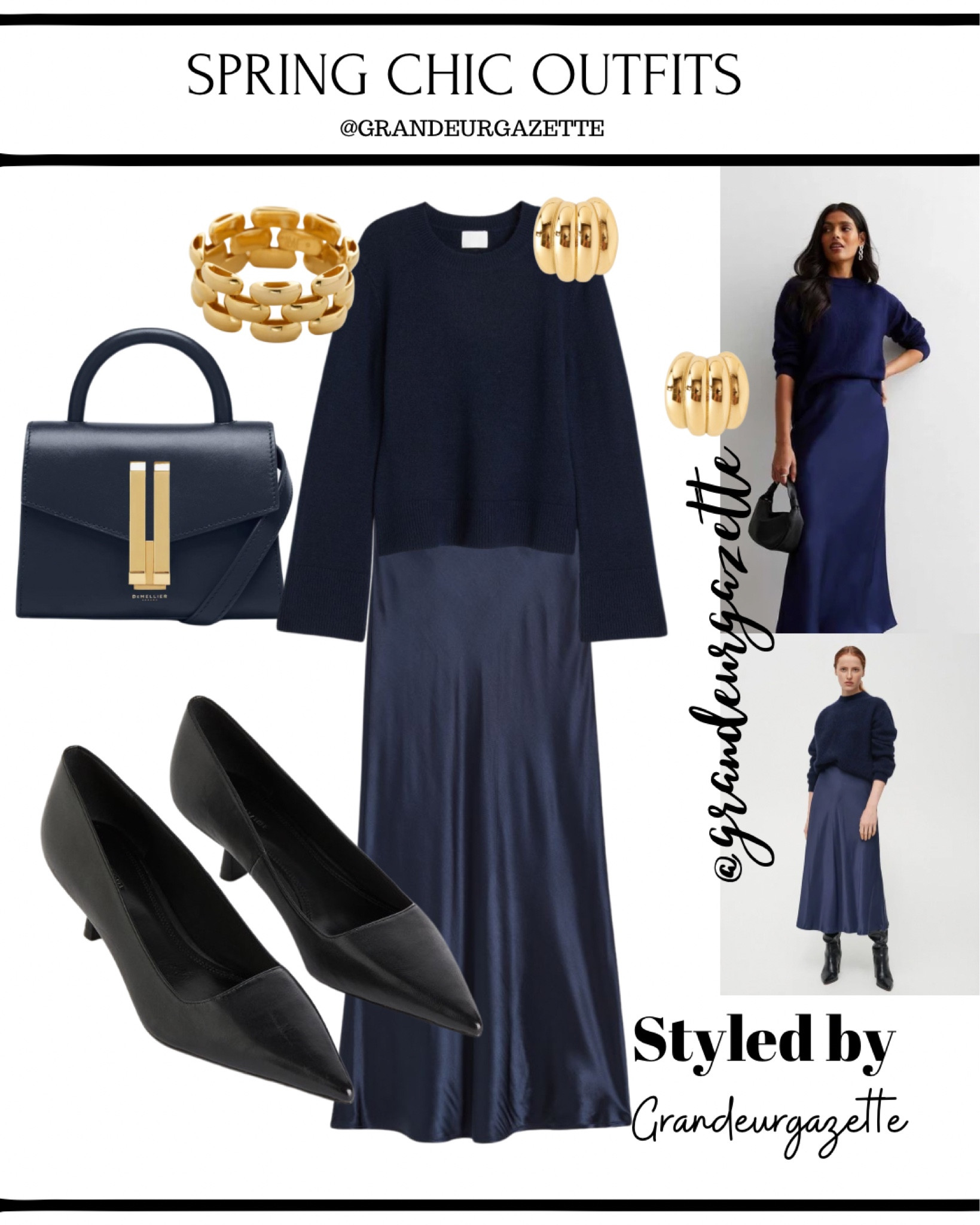 Spring Chic Outfit| Navy Monochrome Outfit| Satin midi skirt |  Demellier bag | Gold Jewellery | Kitten Heels 

#LTKshoecrush #LTKSeasonal #LTKitbag