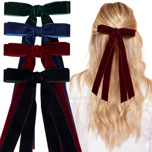VOBOBE 4PCS Hair Bows for Women Girls, Velvet Tassel Hair Ribbon Bowknot Hair Clips Barrettes for Girl with Velvet Tiny Long Tail Hair Accessories (Black+Red+Green+Navy-Velvet) | Amazon (US)
