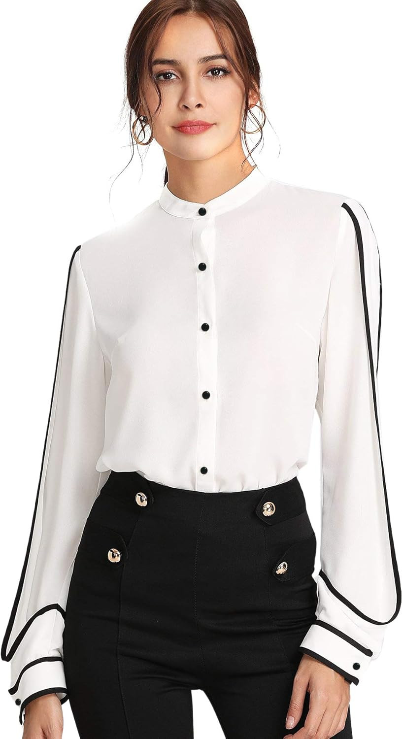 Milumia Women's Elegant Button Workwear Shirt Stand Collar Long Sleeve Blouse | Amazon (US)