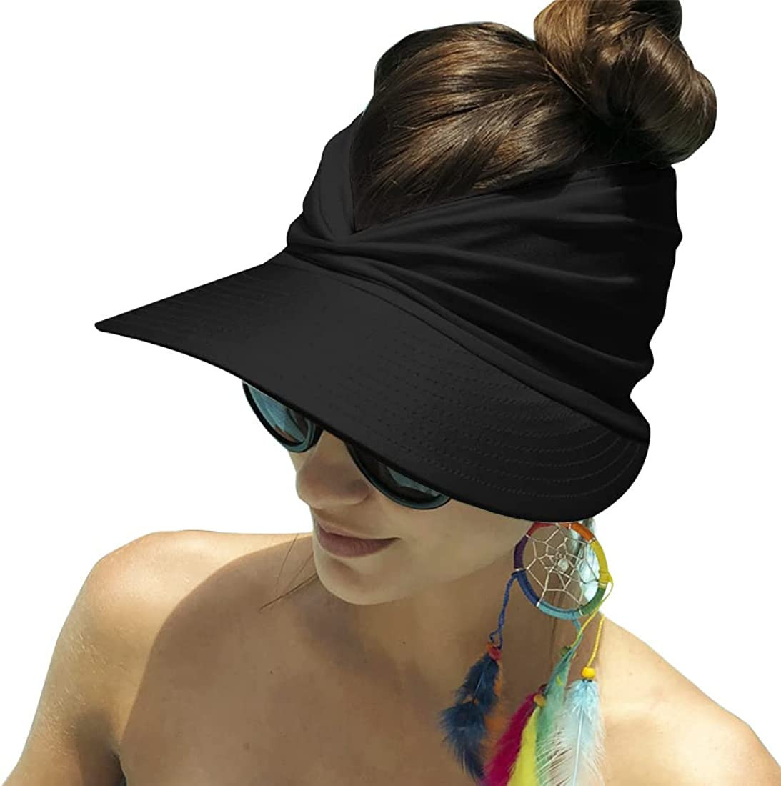 Mukeyo Women Sun Visor Hat Wide Brim Summer UV Protection Visors Packable Ponytail Beach Cap | Amazon (US)