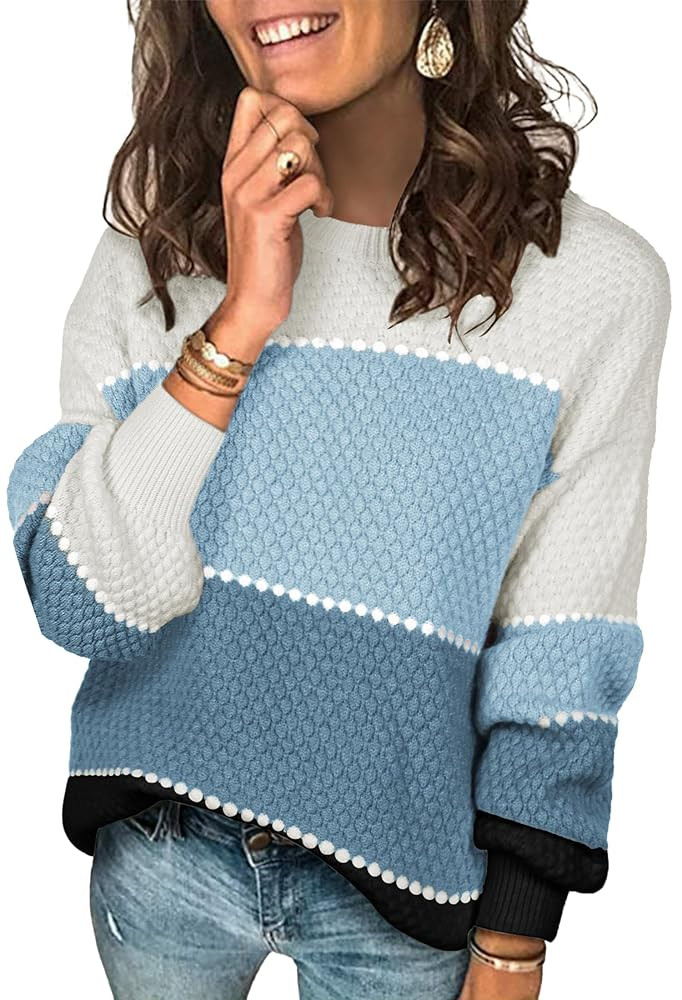 Angashion Women's Sweaters Casual Long Sleeve Crewneck Color Block Patchwork Pullover Knit Sweate... | Amazon (US)