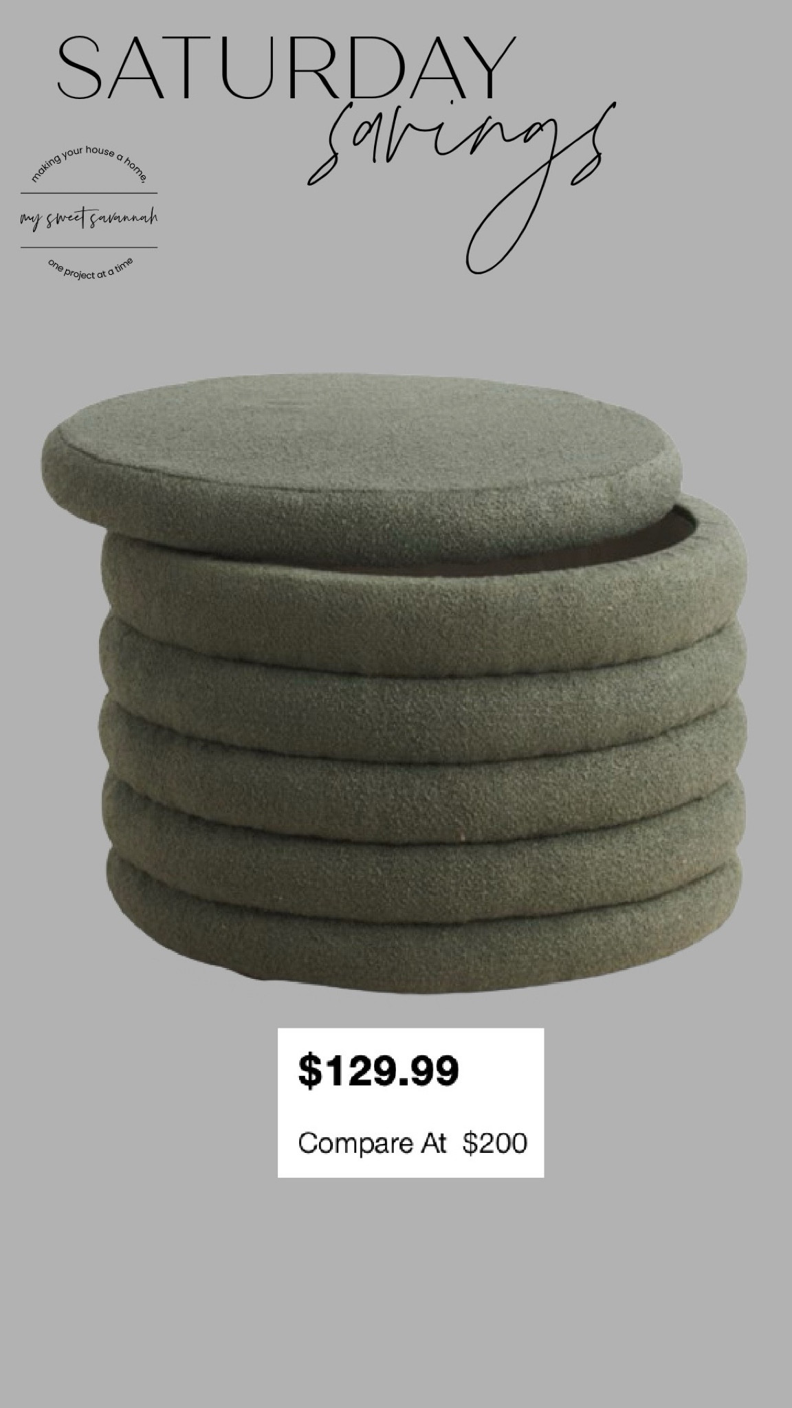 Olive green boucle 
Storage ottoman 

#LTKFindsUnder100 #LTKSaleAlert #LTKHome