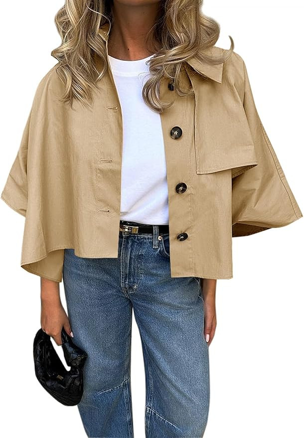 Womens Oversized Cropped Trench Coats Single Breasted 3/4 Cape Sleeve Trendy Casual Jackets Butto... | Amazon (US)
