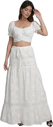 Pure Cotton Embroidered Bohemian-Style Long Dress Set for Women Two-Piece Dress Set Cropped Top w... | Amazon (US)