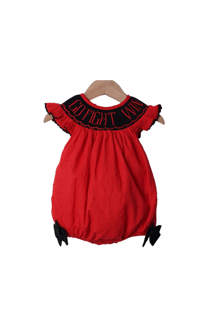 Smocked Go, Fight, Win Red/Black Swiss Dot Bow Bubble | The Smocked Flamingo