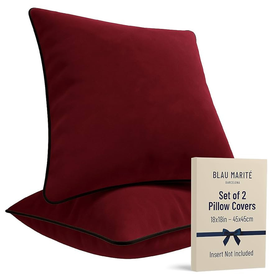 2 Pack Velvet Decorative Throw Pillow Covers, 18"x18", Burgundy, Solid, Modern, Contrast Piping, ... | Amazon (US)