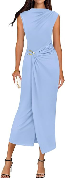 BTFBM Dresses for Women 2026 Summer Clothes Formal Bodycon Mock Neck Cap Sleeve Midi Party Cockta... | Amazon (US)