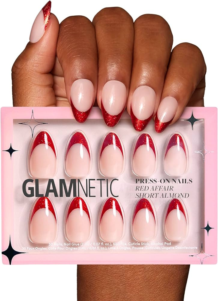 Glamnetic Press On Nails - Red Affair | Short Almond Red Glitter French Tip Nails with a Glossy F... | Amazon (US)
