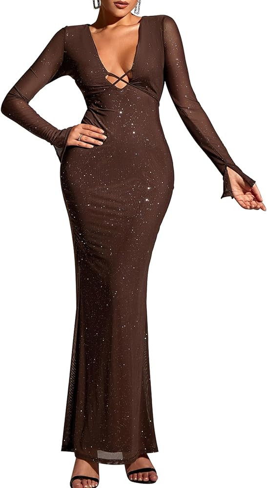 KUTUMAI Women Sexy V Neck Sequin Long Sleeve Bodycon Maxi Dress Sparkly Ruched Gown Evening Forma... | Amazon (US)