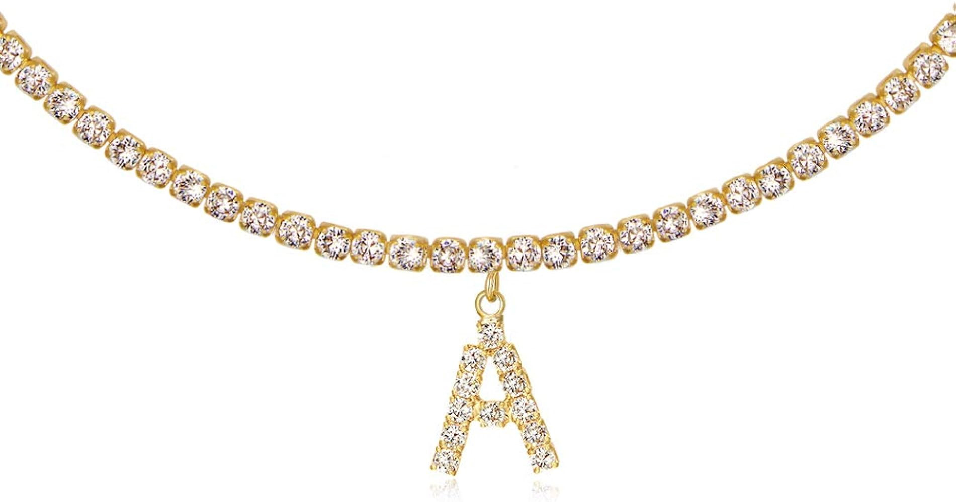 Letter Necklace 14k Gold Plated Tennis Chain Initial Choker Bling Iced CZ Diamond Necklace for Wo... | Amazon (US)