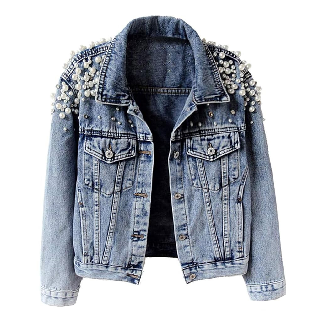 FantasyGears Women's Jeans Jacket Rhinestone Pearl Denim Jacket Embroidered Oversized Plus Size J... | Amazon (US)