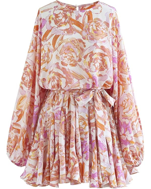 CHICWISH Women's Rose Painting/Navy Floral/Green Floret Bubble Sleeves Frilling Mini Dress | Amazon (US)
