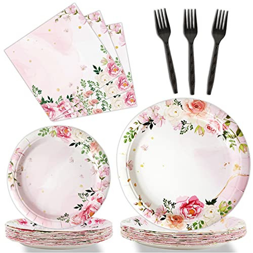 gisgfim 96 Pcs Floral Party Plates and Napkins Party Supplies Pink Spring Theme Flower Party Tableware Set Watercolor Floral Tea Party Decorations Favors for Bridal Baby Shower Serves 24 | Amazon (US)