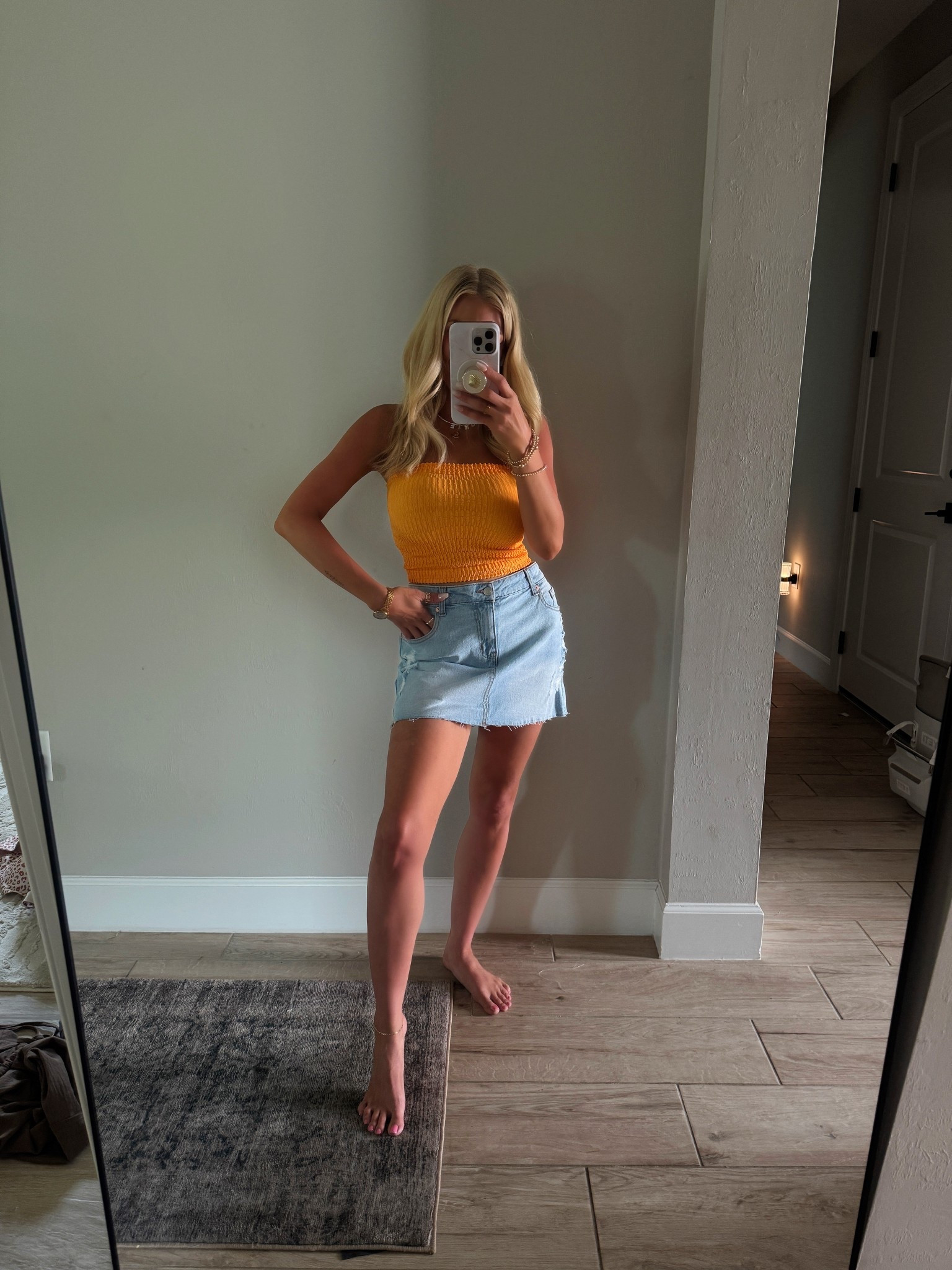 $13 mid rise denim skirts and $7 tube tops make the perfect casual summer outfit from Walmart! 

Size down in skirt (wearing XS) and I did a small in the top! 