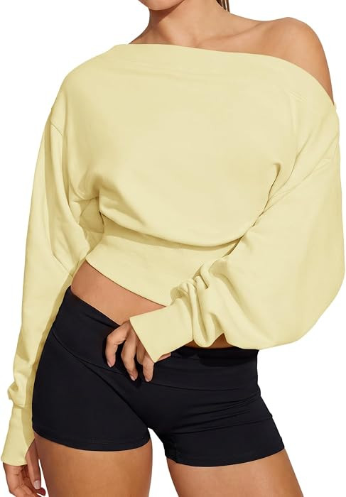 Fisoew Womens Off the Shoulder Sweatshirt Crop Tops Oversized Workout Shirt | Amazon (US)