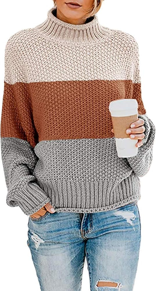 Dokotoo Womens 2023 Winter Fall Solid Turtleneck High Neck Balloon Long Sleeve Sweaters Pullover ... | Amazon (US)