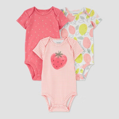Carter's Just One You® Baby Girls' 3pk Fruit Gingham Bodysuit - Yellow/Pink | Target