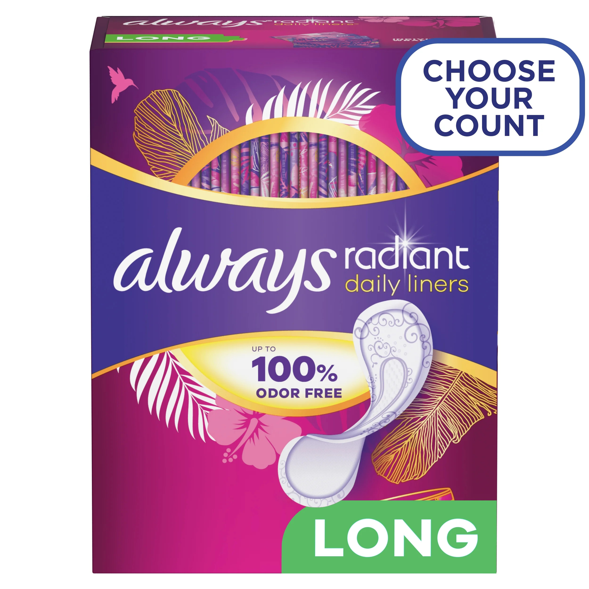 Always Radiant Daily Liners Long Absorbency, Up to 100% Odor-free, 46 Ct - Walmart.com | Walmart (US)