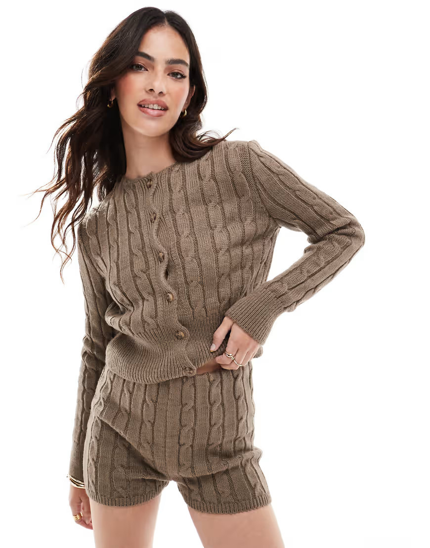 ASOS DESIGN knit cable crew neck cardigan in brown - part of a set | ASOS (Global)