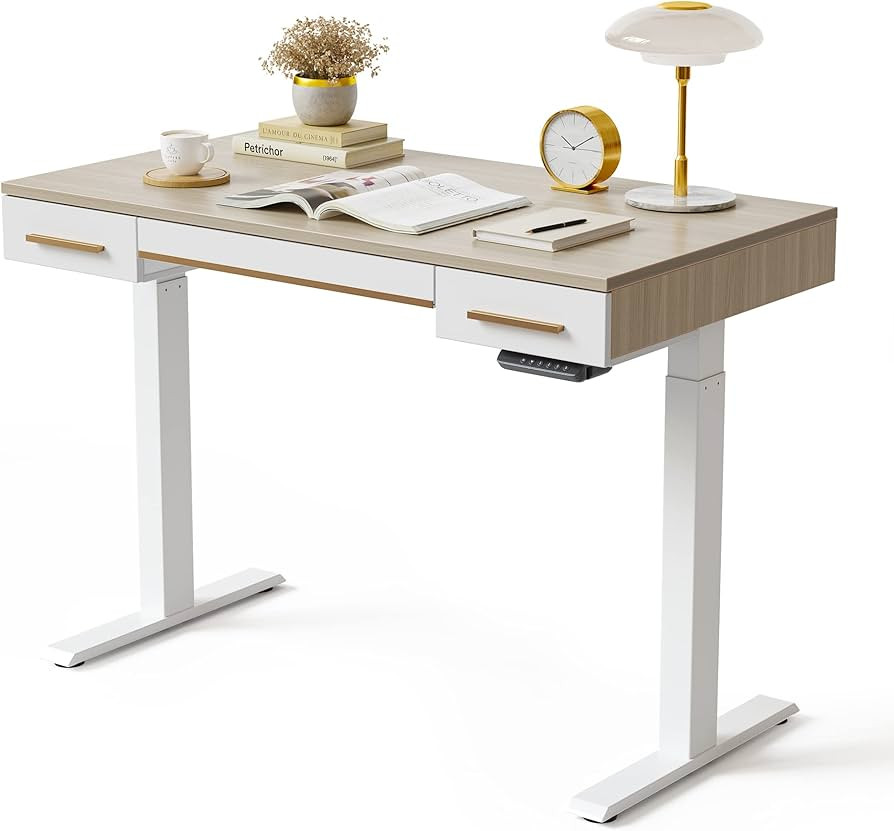 FEZIBO Mid Century Modern Electric Standing Desk with 3 Drawers, 48 x 26 Inches Whole Piece Sit S... | Amazon (US)