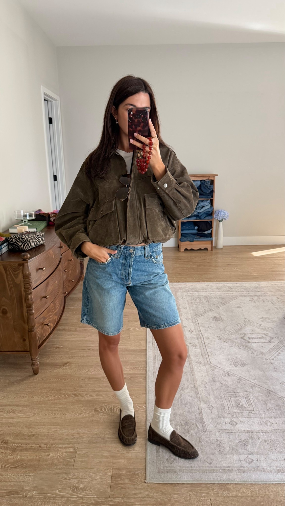 Spring chic outfit! M jacket, S white baby tshirt, 25 in jorts! Shoes are on shopmy! 

#LTKSeasonal #LTKspring #LTKootd