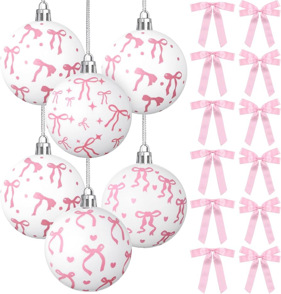 Syhood 24 Pcs Pink Bow Coquette Christmas Tree Ornaments Set Pink Plastic Christmas Ball and Sati... | Amazon (US)